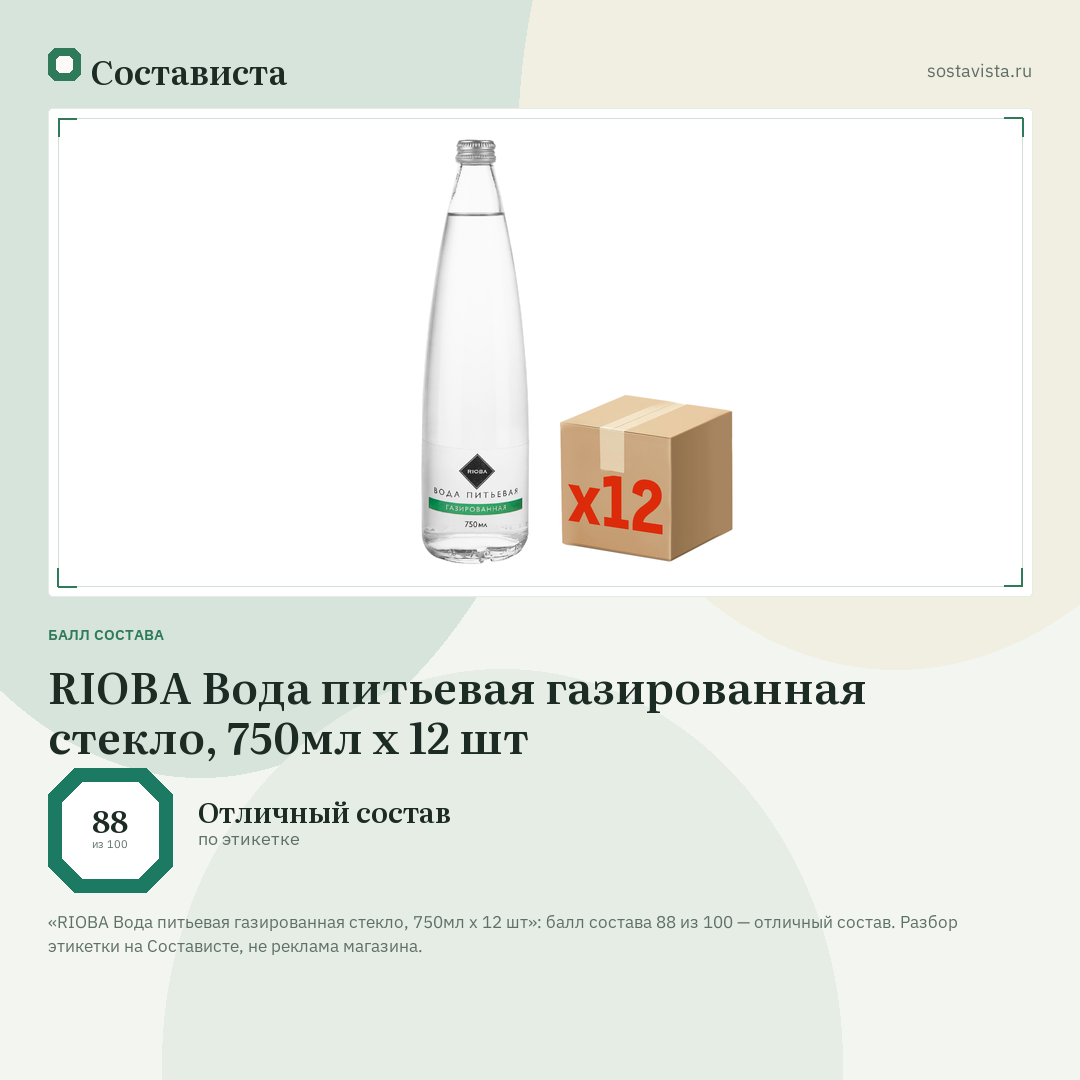 RIOBA Вода питьевая газированная стекло, 750мл x 12 шт: балл состава 88 из 100 — Состависта