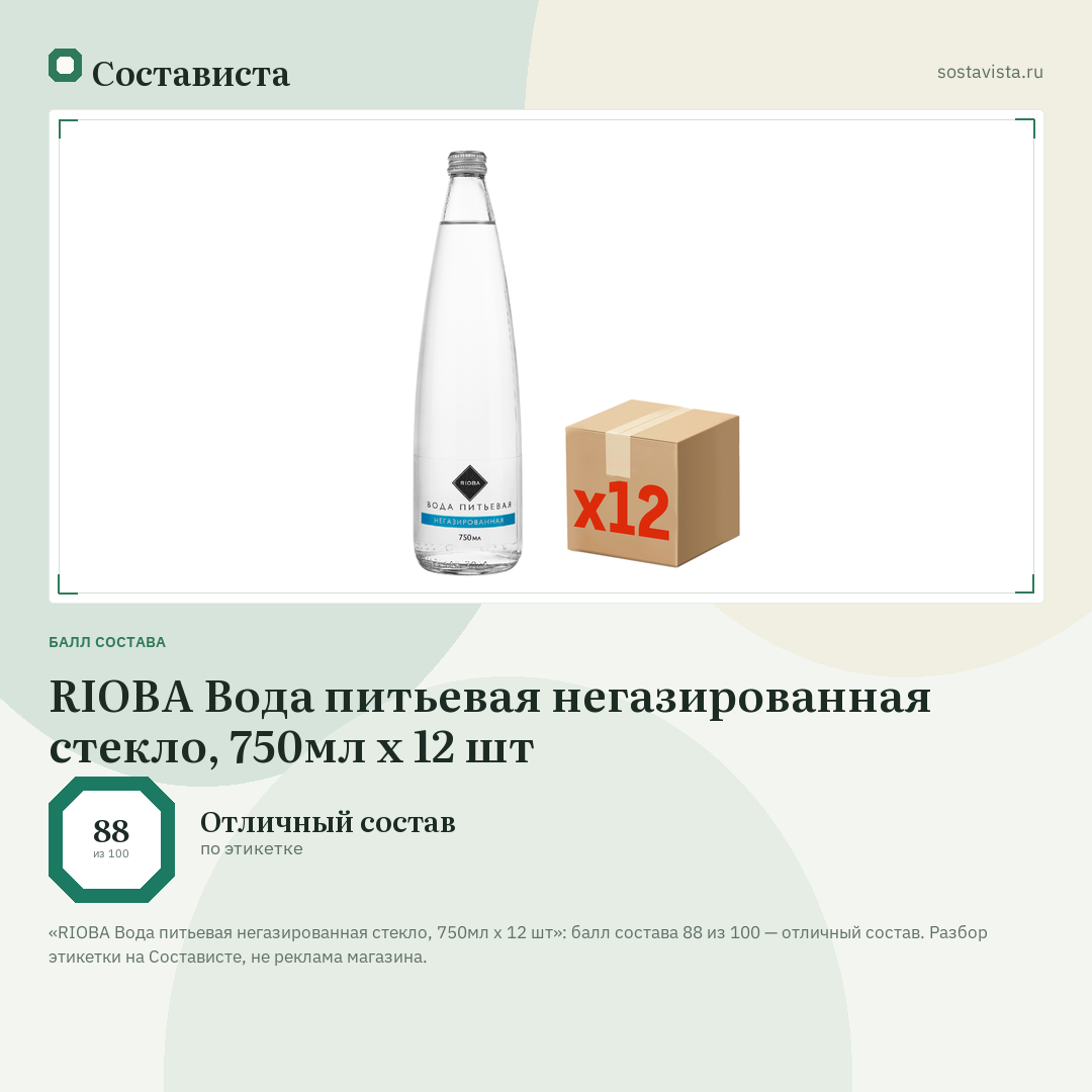 RIOBA Вода питьевая негазированная стекло, 750мл x 12 шт: балл состава 88 из 100 — Состависта