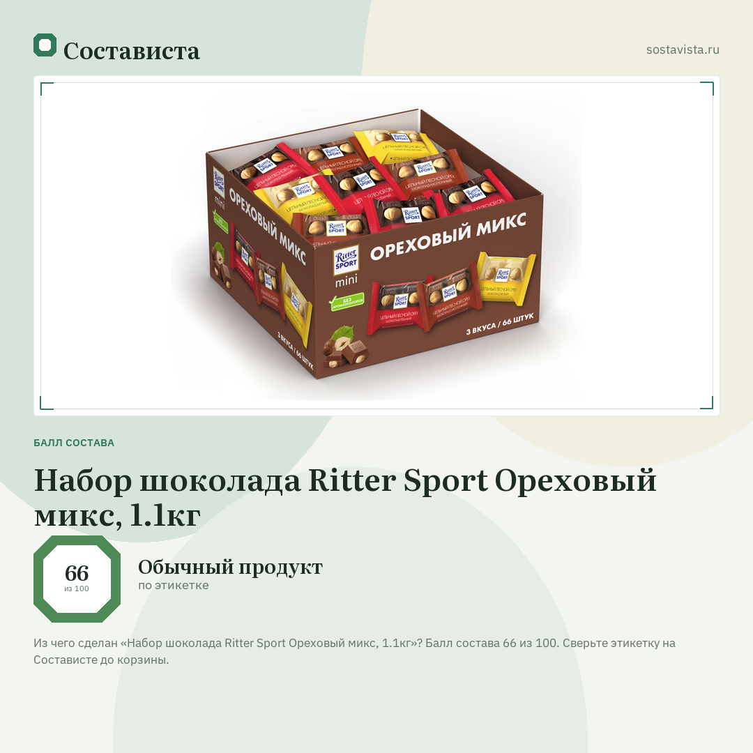 Набор шоколада Ritter Sport Ореховый микс, 1.1кг: балл состава 66 из 100 — Состависта