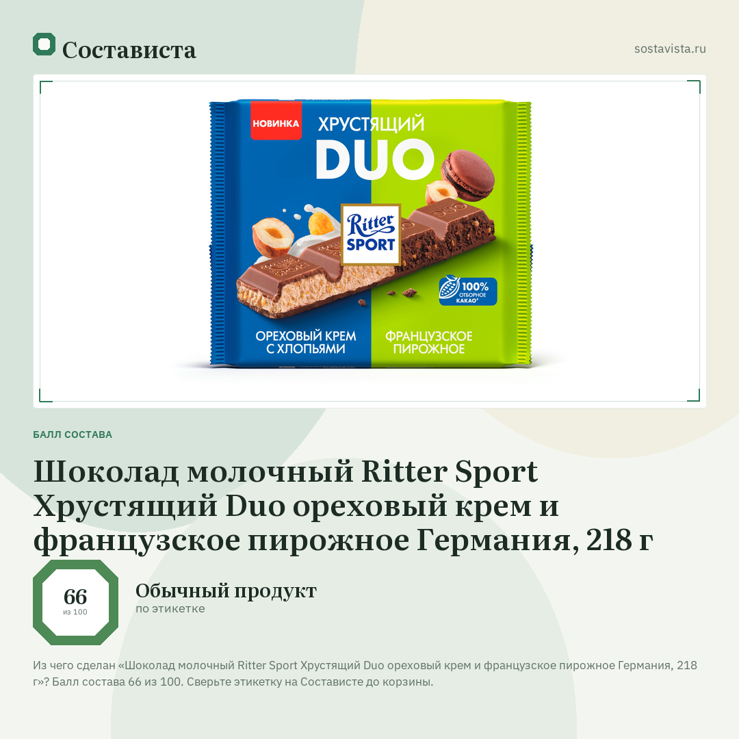 Шоколад молочный Ritter Sport Хрустящий Duo ореховый крем и французское пирожное Германия, 218 г: балл состава 66 из 100 — Состависта