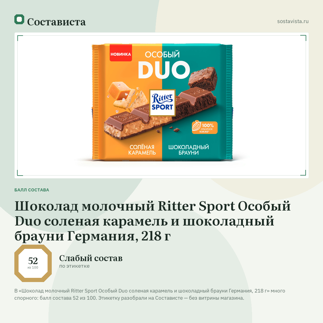 Шоколад молочный Ritter Sport Особый Duo соленая карамель и шоколадный брауни Германия, 218 г: балл состава 52 из 100 — Состависта