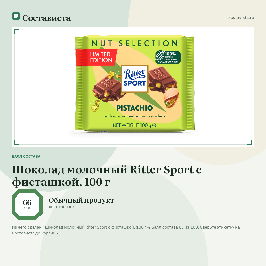 Шоколад молочный Ritter Sport с фисташкой, 100 г: балл состава 66 из 100 — Состависта