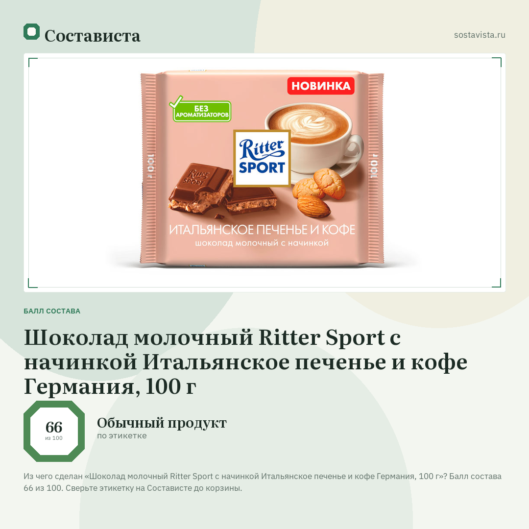 Шоколад молочный Ritter Sport с начинкой Итальянское печенье и кофе Германия, 100 г: балл состава 66 из 100 — Состависта