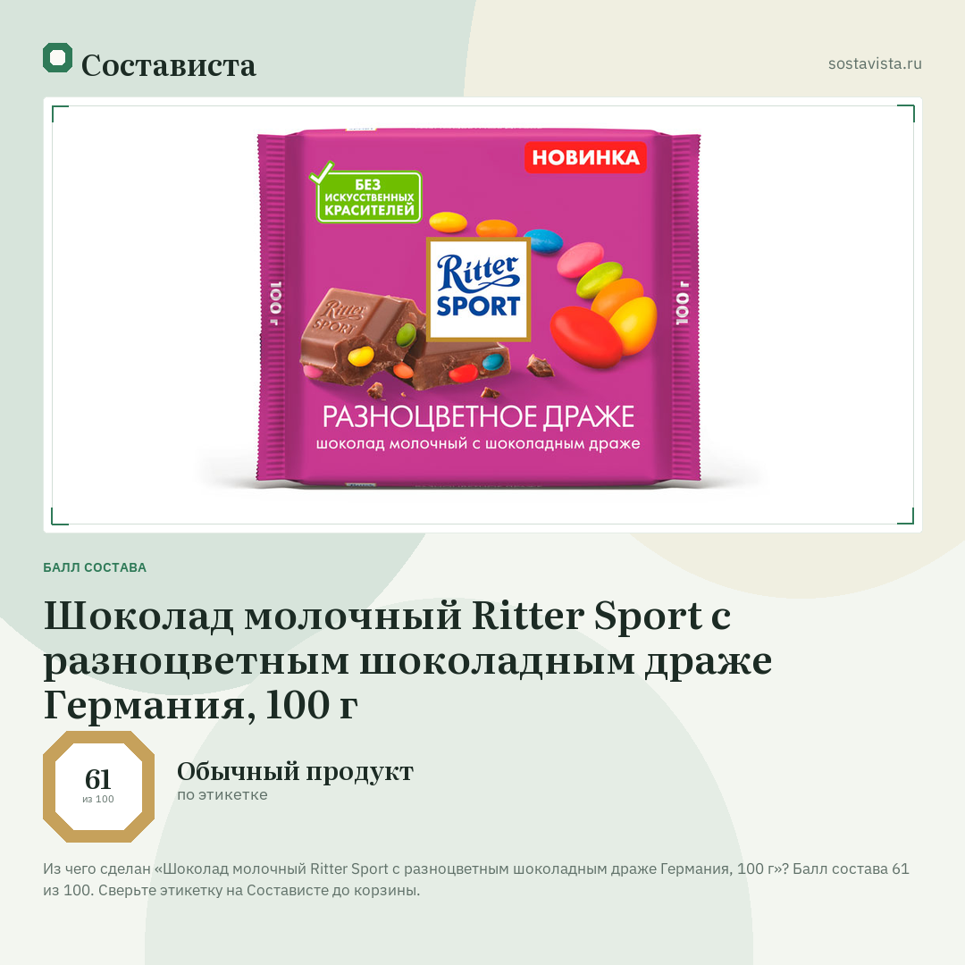 Шоколад молочный Ritter Sport с разноцветным шоколадным драже Германия, 100 г: балл состава 61 из 100 — Состависта
