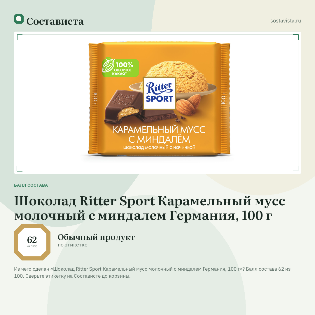 Шоколад Ritter Sport Карамельный мусс молочный с миндалем Германия, 100 г: балл состава 62 из 100 — Состависта