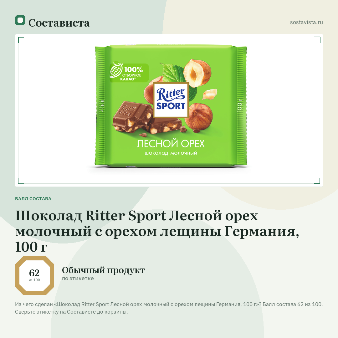 Шоколад Ritter Sport Лесной орех молочный с орехом лещины Германия, 100 г: балл состава 62 из 100 — Состависта