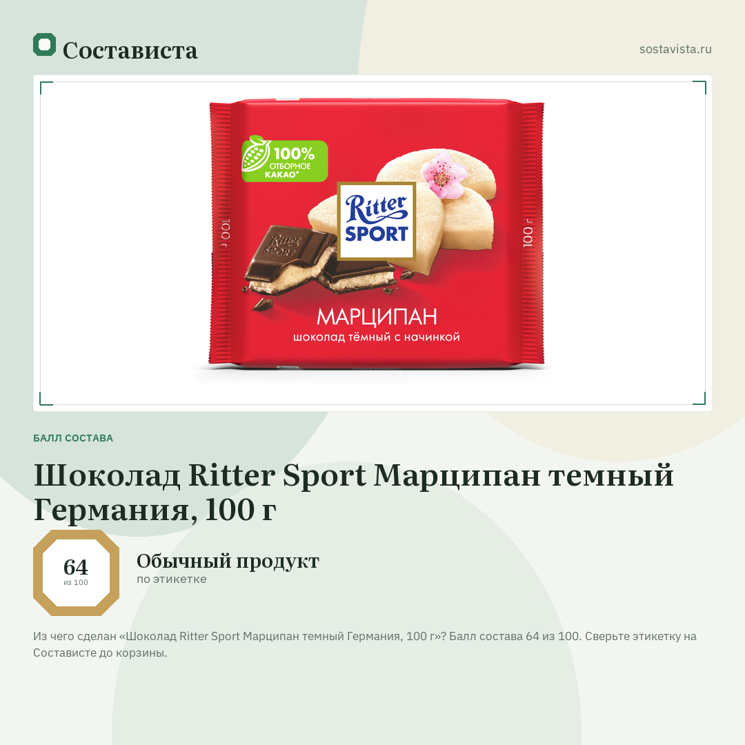 Шоколад Ritter Sport Марципан темный Германия, 100 г: балл состава 64 из 100 — Состависта