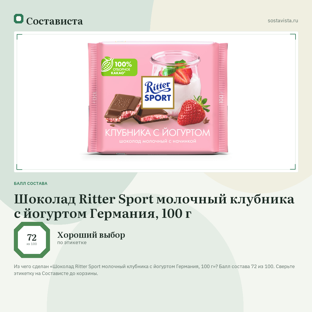 Шоколад Ritter Sport молочный клубника с йогуртом Германия, 100 г: балл состава 72 из 100 — Состависта