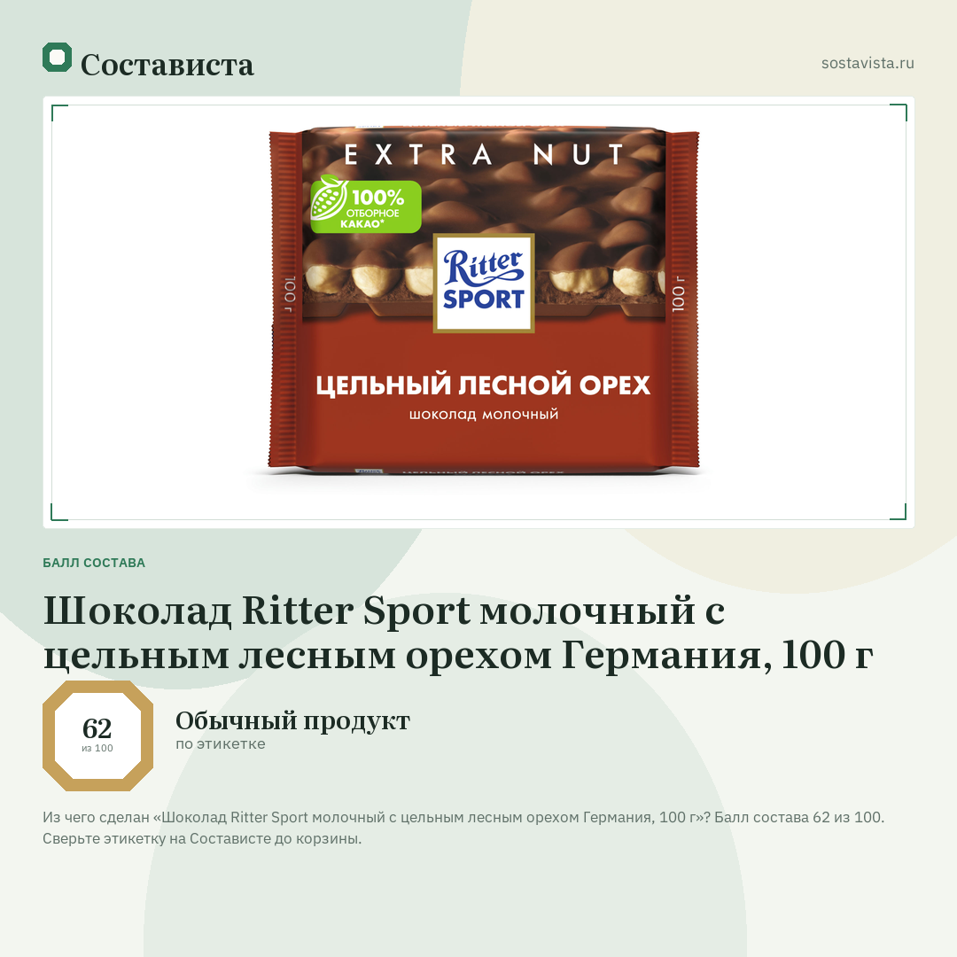 Шоколад Ritter Sport молочный с цельным лесным орехом Германия, 100 г: балл состава 62 из 100 — Состависта