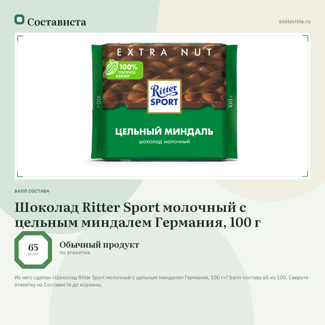 Шоколад Ritter Sport молочный с цельным миндалем Германия, 100 г: балл состава 65 из 100 — Состависта