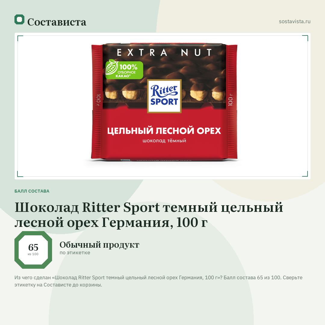 Шоколад Ritter Sport темный цельный лесной орех Германия, 100 г: балл состава 65 из 100 — Состависта