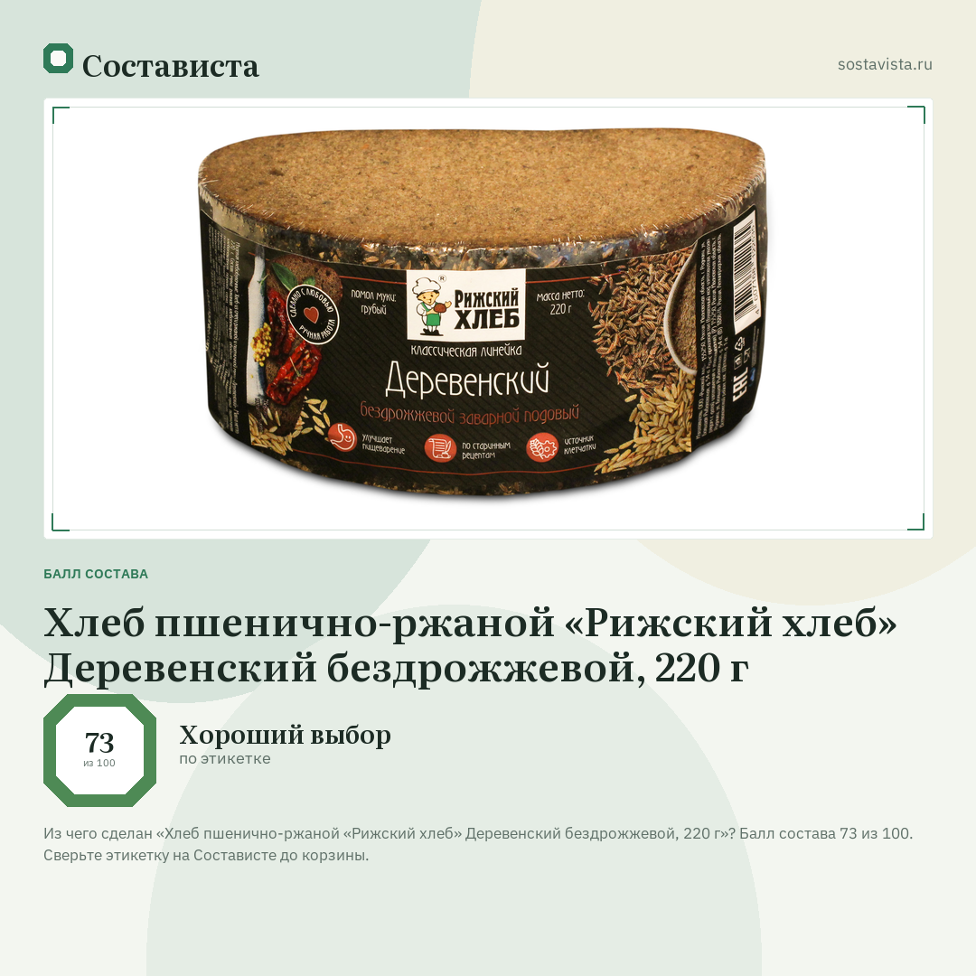 Хлеб пшенично-ржаной «Рижский хлеб» Деревенский бездрожжевой, 220 г: балл состава 73 из 100 — Состависта