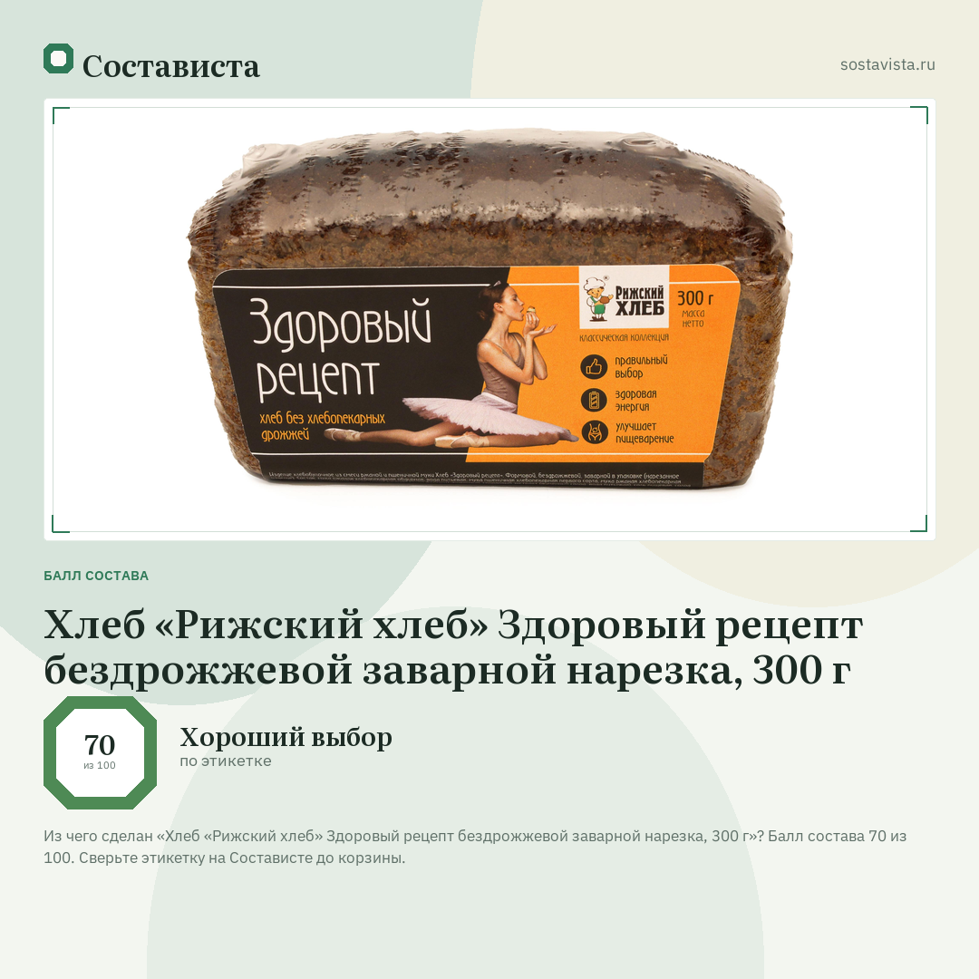 Хлеб «Рижский хлеб» Здоровый рецепт бездрожжевой заварной нарезка, 300 г: балл состава 70 из 100 — Состависта