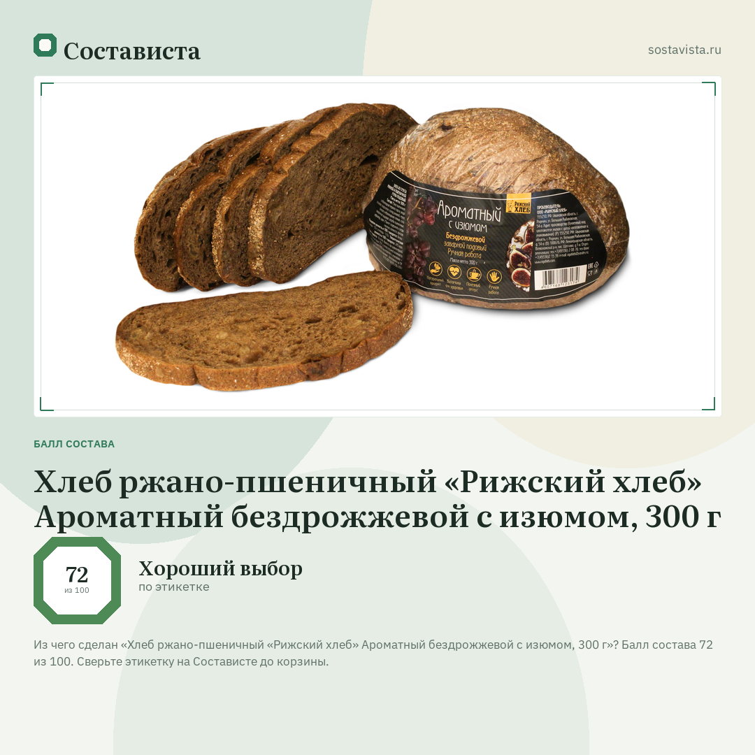 Хлеб ржано-пшеничный «Рижский хлеб» Ароматный бездрожжевой с изюмом, 300 г: балл состава 72 из 100 — Состависта