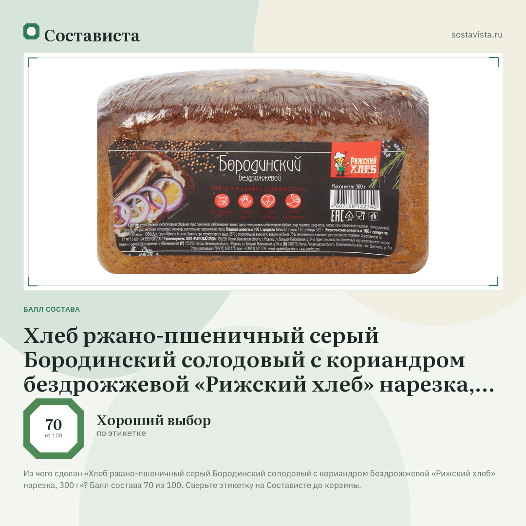 Хлеб ржано-пшеничный серый Бородинский солодовый с кориандром бездрожжевой «Рижский хлеб» нарезка, 300 г: балл состава 70 из 100 — Состависта