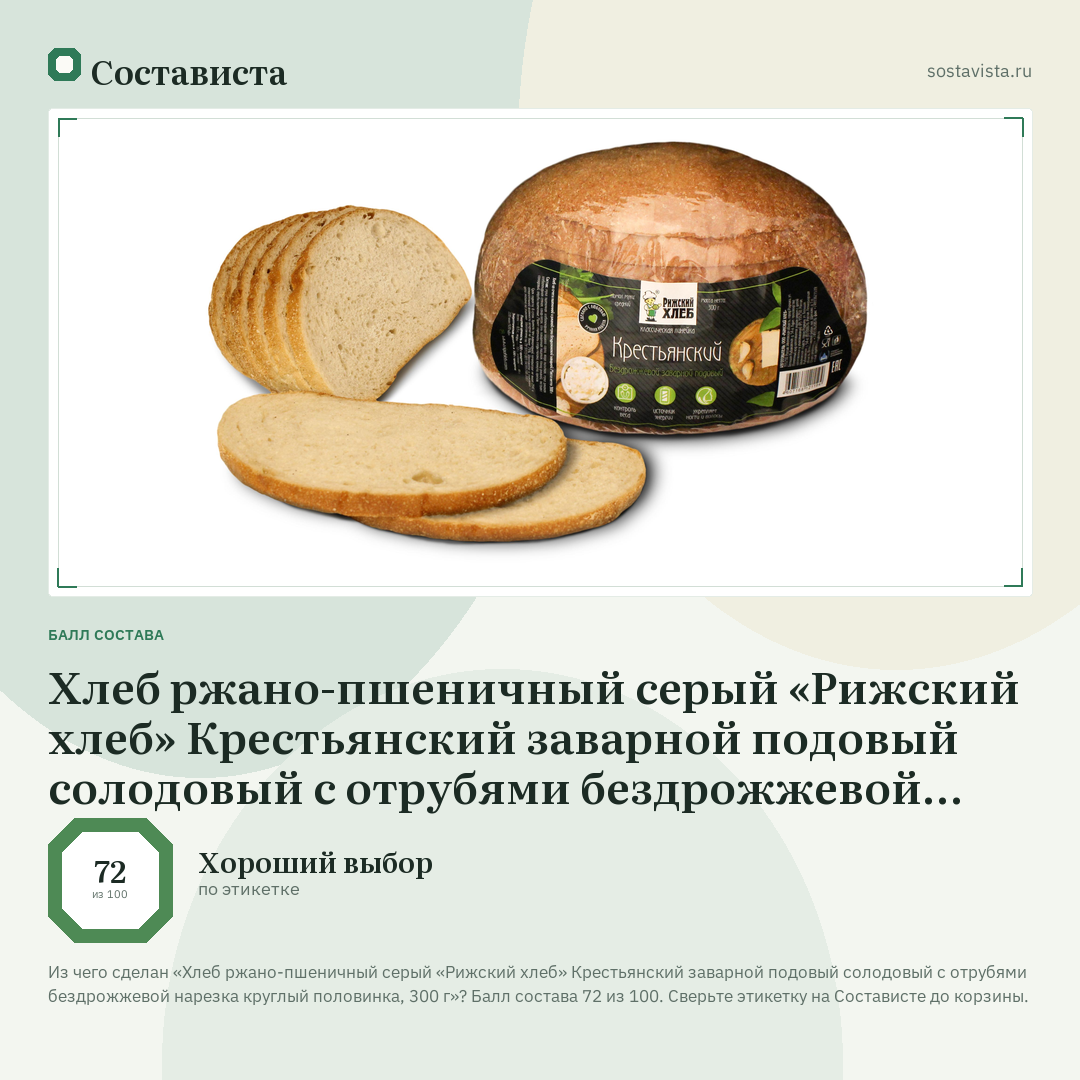 Хлеб ржано-пшеничный серый «Рижский хлеб» Крестьянский заварной подовый солодовый с отрубями бездрожжевой нарезка круглый половинка, 300 г: балл состава 72 из 100 — Состависта