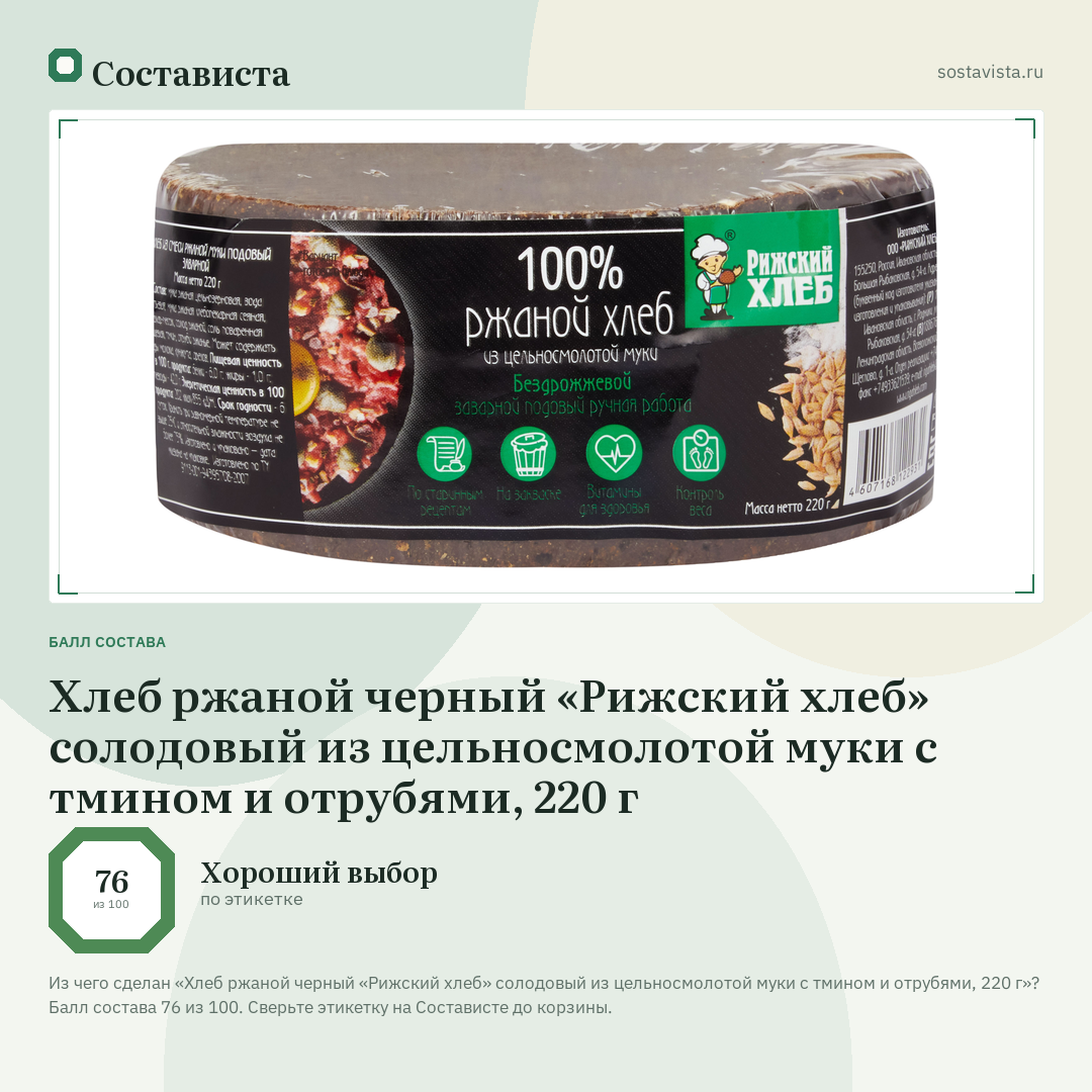 Хлеб ржаной черный «Рижский хлеб» солодовый из цельносмолотой муки с тмином и отрубями, 220 г: балл состава 76 из 100 — Состависта