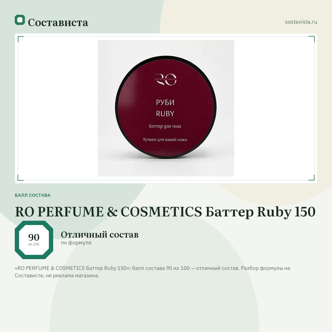 RO PERFUME & COSMETICS Баттер Ruby 150: балл состава 90 из 100 — Состависта
