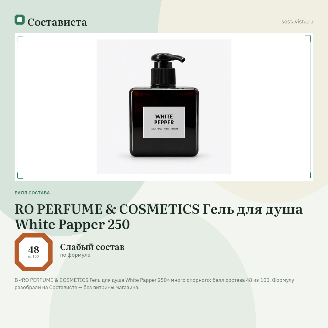 RO PERFUME & COSMETICS Гель для душа White Papper 250: балл состава 48 из 100 — Состависта