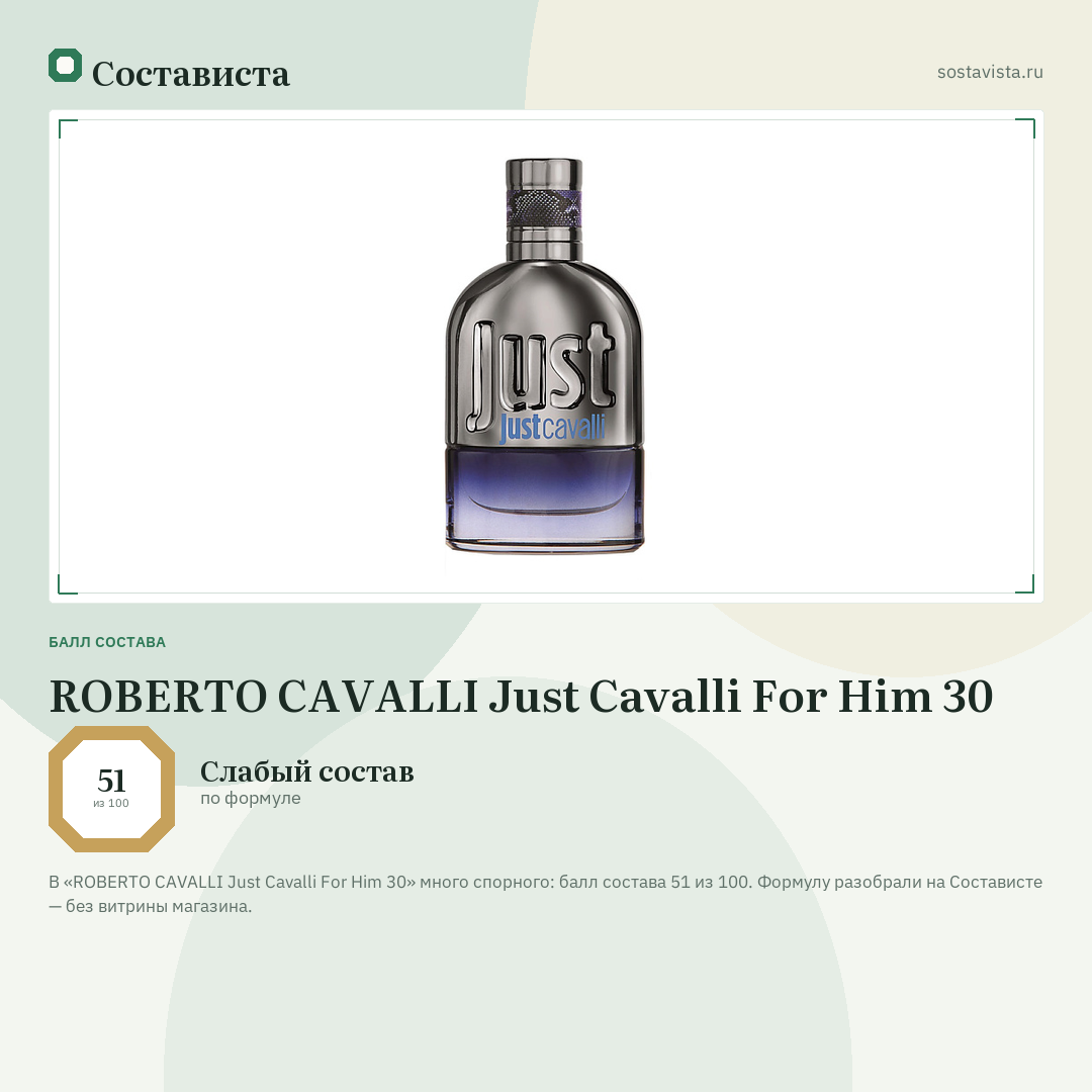 ROBERTO CAVALLI Just Cavalli For Him 30: балл состава 51 из 100 — Состависта