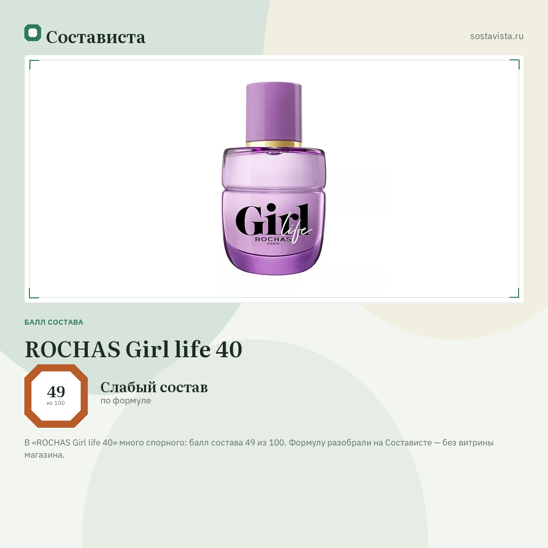 ROCHAS Girl life 40: балл состава 49 из 100 — Состависта