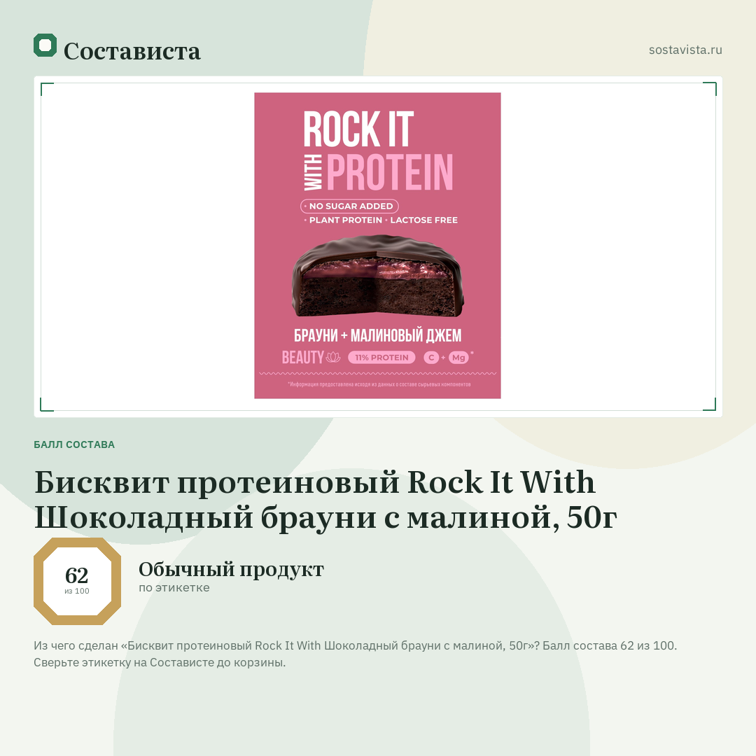 Бисквит протеиновый Rock It With Шоколадный брауни с малиной, 50г: балл состава 62 из 100 — Состависта