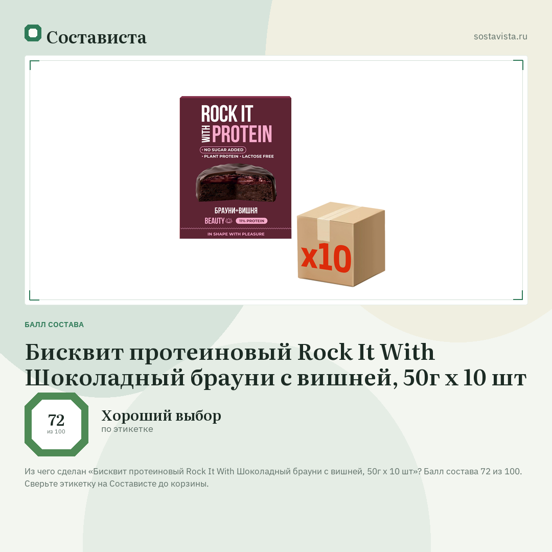 Бисквит протеиновый Rock It With Шоколадный брауни с вишней, 50г х 10 шт: балл состава 72 из 100 — Состависта
