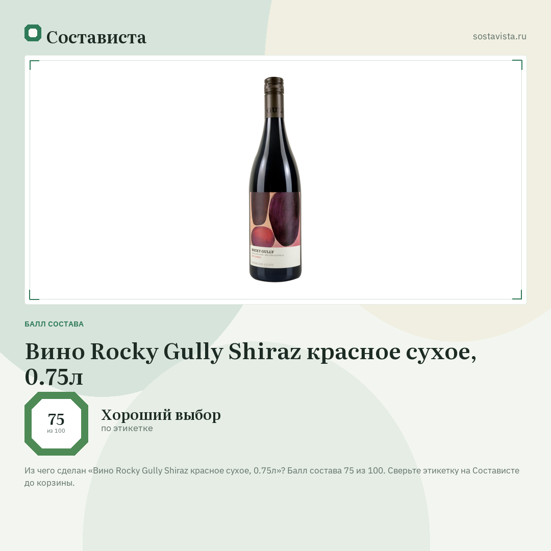 Вино Rocky Gully Shiraz красное сухое, 0.75л: балл состава 75 из 100 — Состависта