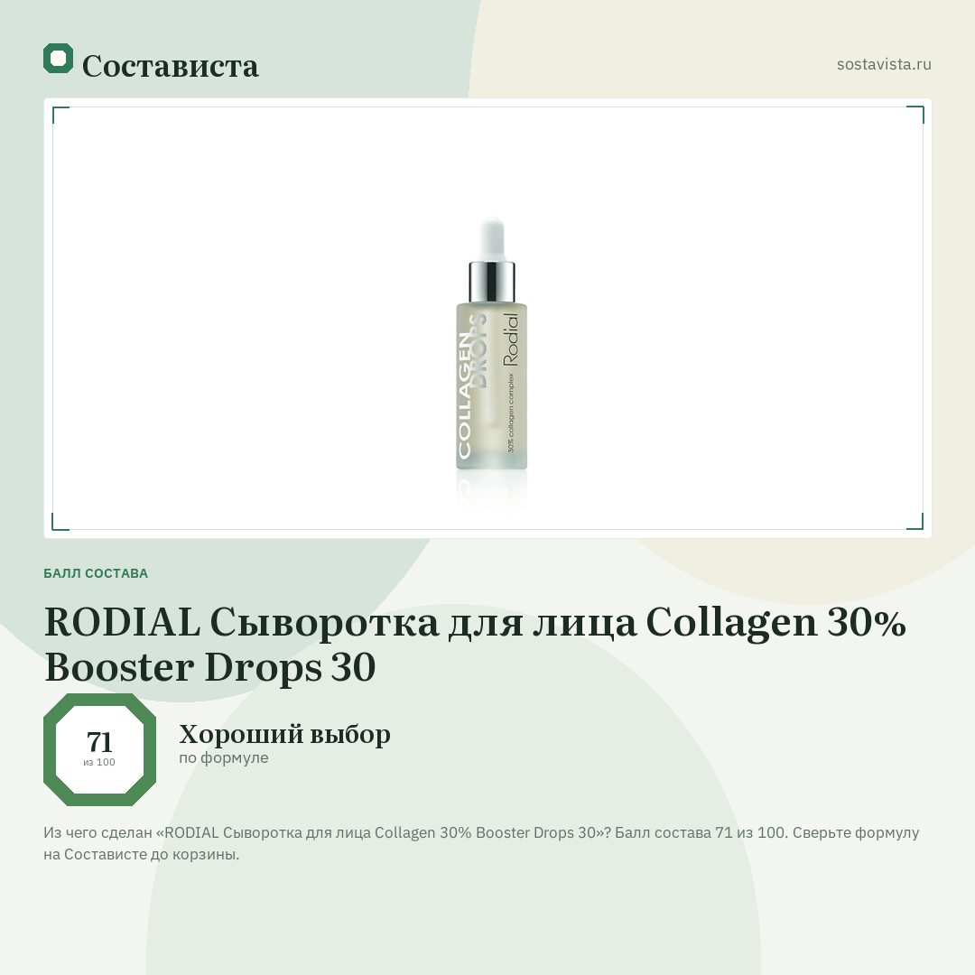 RODIAL Сыворотка для лица Collagen 30% Booster Drops 30: балл состава 71 из 100 — Состависта