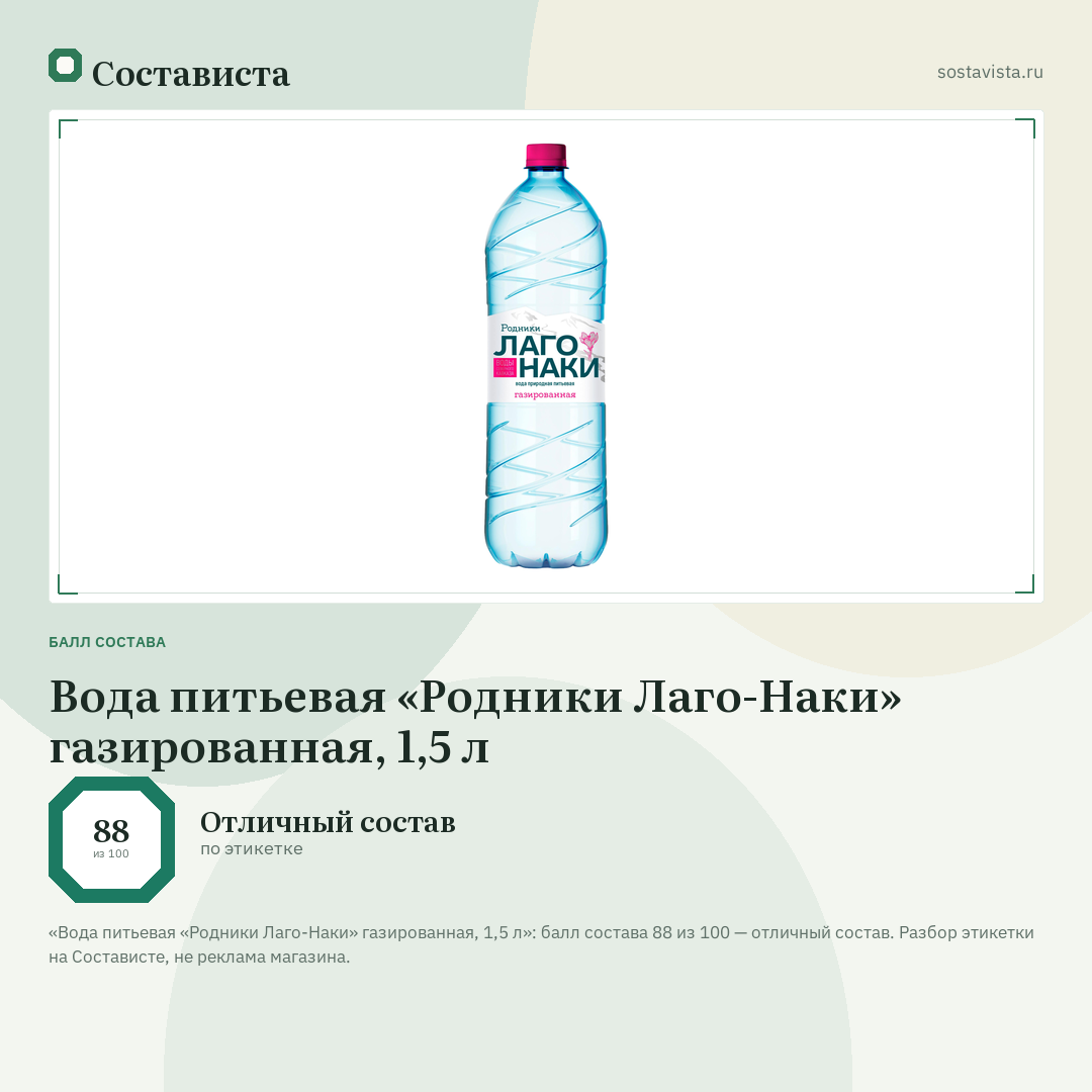 Вода питьевая «Родники Лаго-Наки» газированная, 1,5 л: балл состава 88 из 100 — Состависта