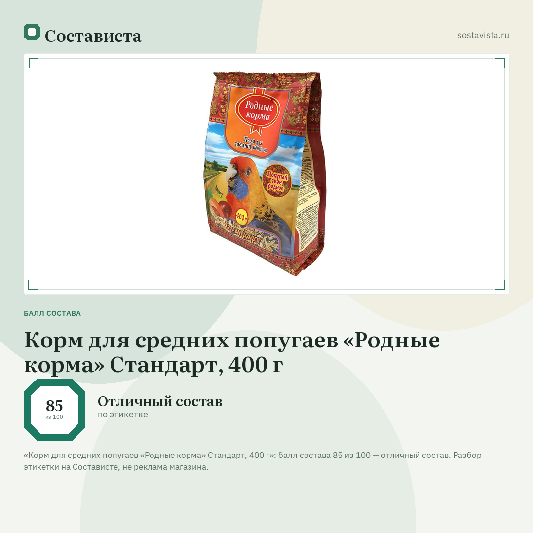 Корм для средних попугаев «Родные корма» Стандарт, 400 г: балл состава 85 из 100 — Состависта