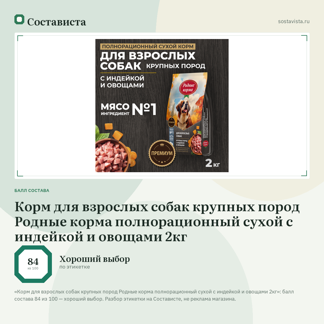 Корм для взрослых собак крупных пород Родные корма полнорационный сухой с индейкой и овощами 2кг: балл состава 84 из 100 — Состависта