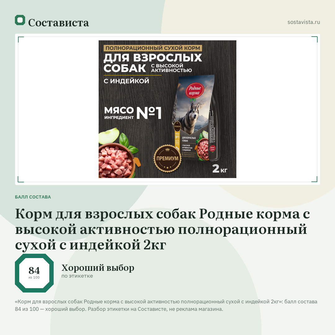 Корм для взрослых собак Родные корма с высокой активностью полнорационный сухой с индейкой 2кг: балл состава 84 из 100 — Состависта