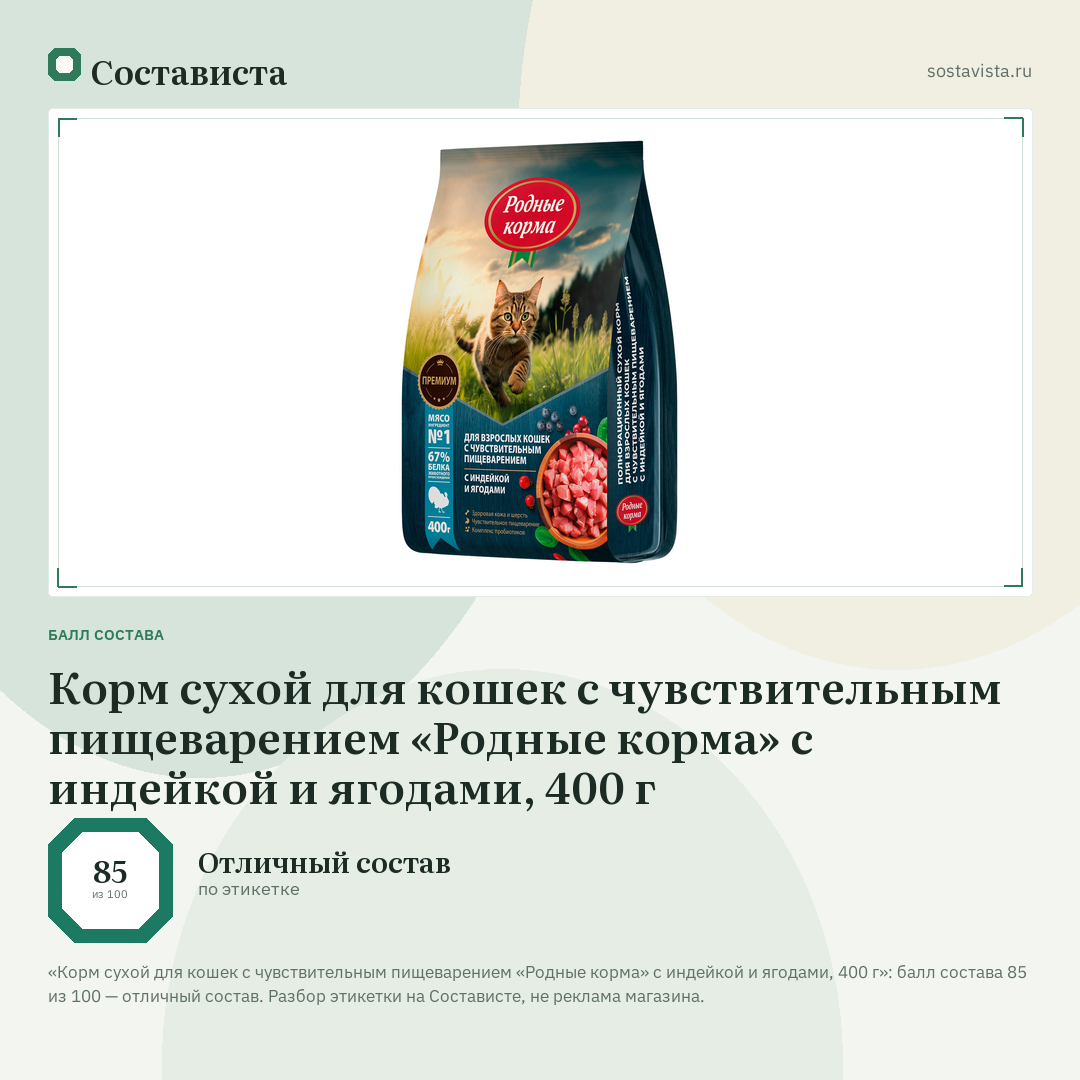 Корм сухой для кошек с чувствительным пищеварением «Родные корма» с индейкой и ягодами, 400 г: балл состава 85 из 100 — Состависта