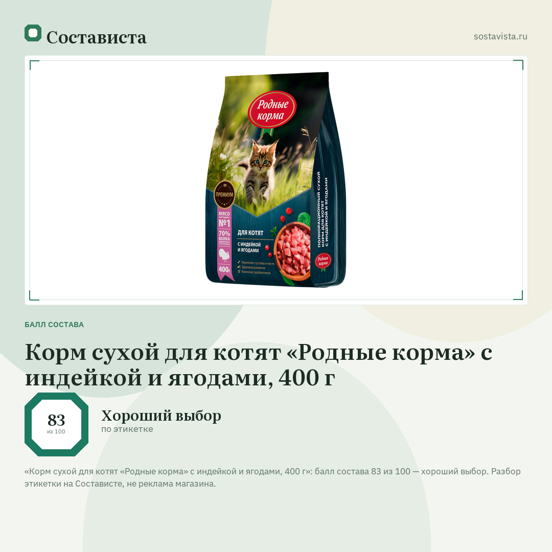 Корм сухой для котят «Родные корма» с индейкой и ягодами, 400 г: балл состава 83 из 100 — Состависта