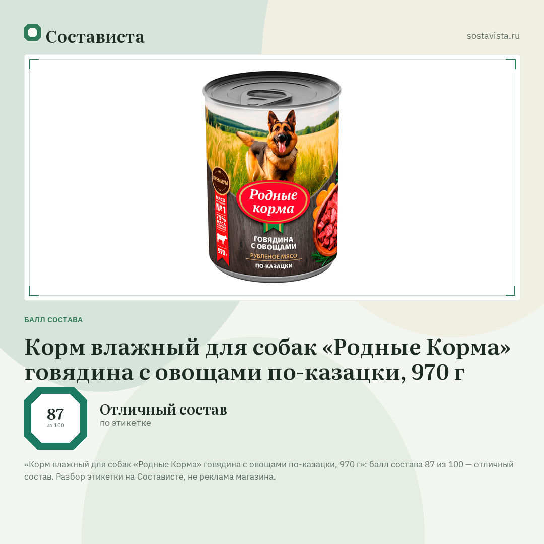 Корм влажный для собак «Родные Корма» говядина с овощами по-казацки, 970 г: балл состава 87 из 100 — Состависта