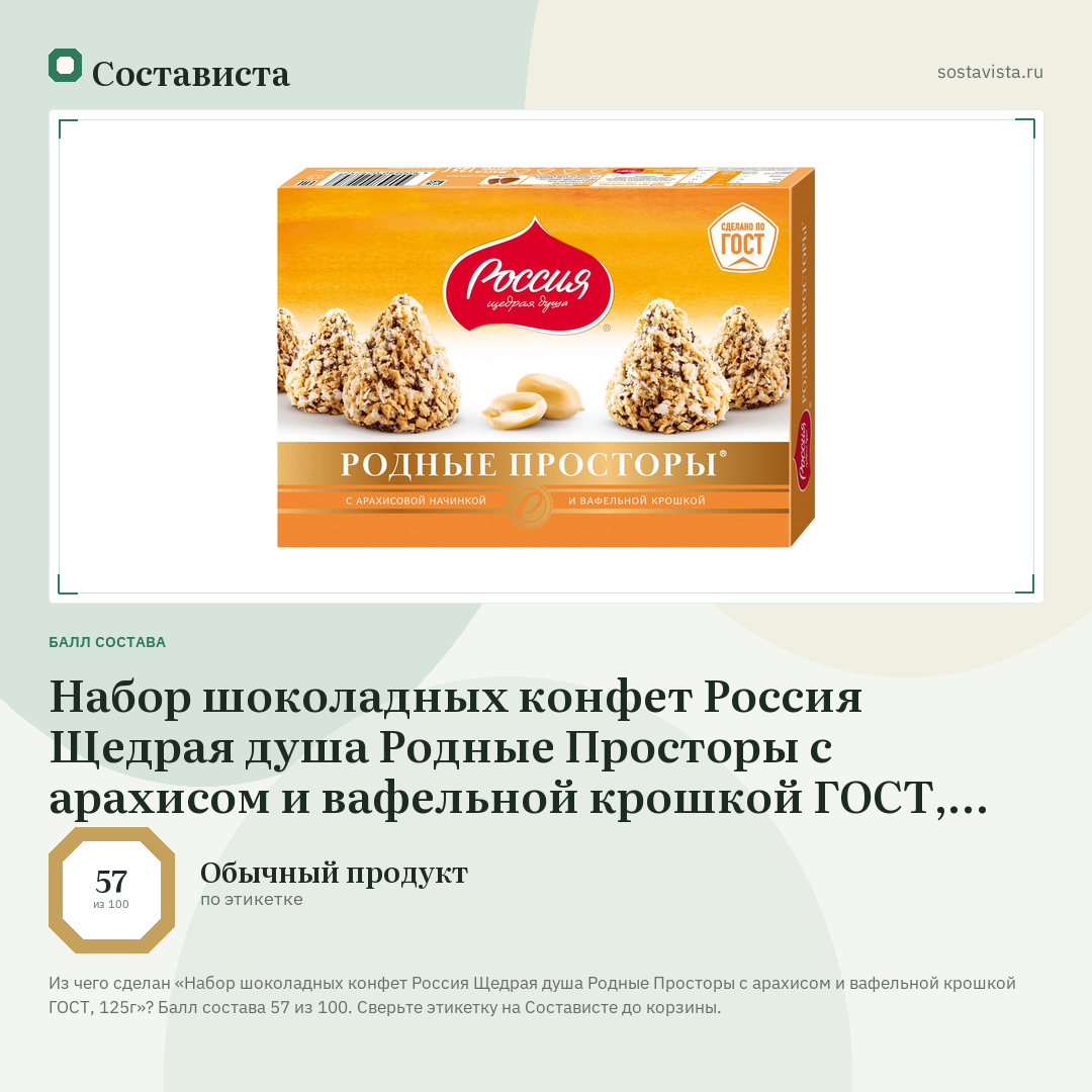 Набор шоколадных конфет Россия Щедрая душа Родные Просторы с арахисом и вафельной крошкой ГОСТ, 125г: балл состава 57 из 100 — Состависта