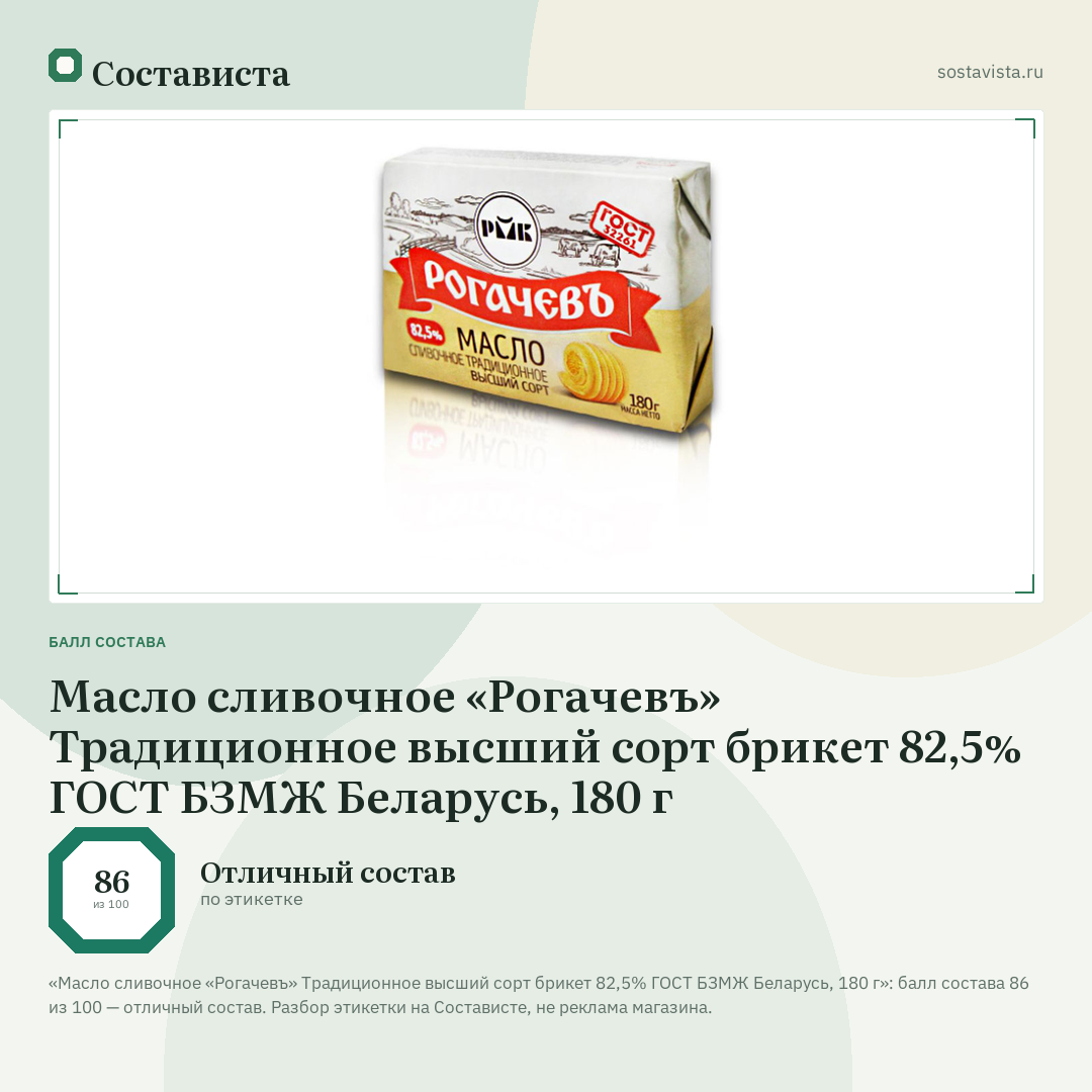 Масло сливочное «Рогачевъ» Традиционное высший сорт брикет 82,5% ГОСТ БЗМЖ Беларусь, 180 г: балл состава 86 из 100 — Состависта