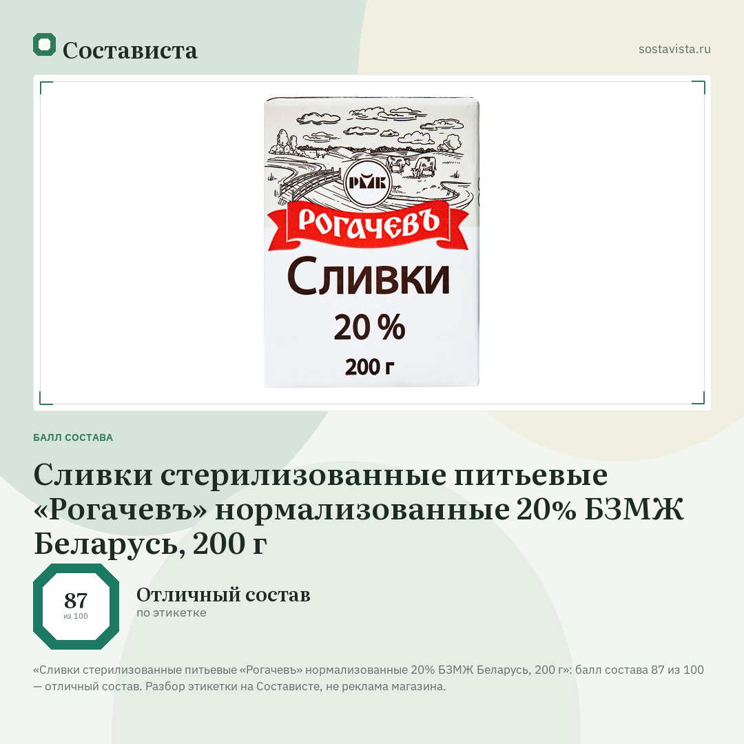Сливки стерилизованные питьевые «Рогачевъ» нормализованные 20% БЗМЖ Беларусь, 200 г: балл состава 87 из 100 — Состависта