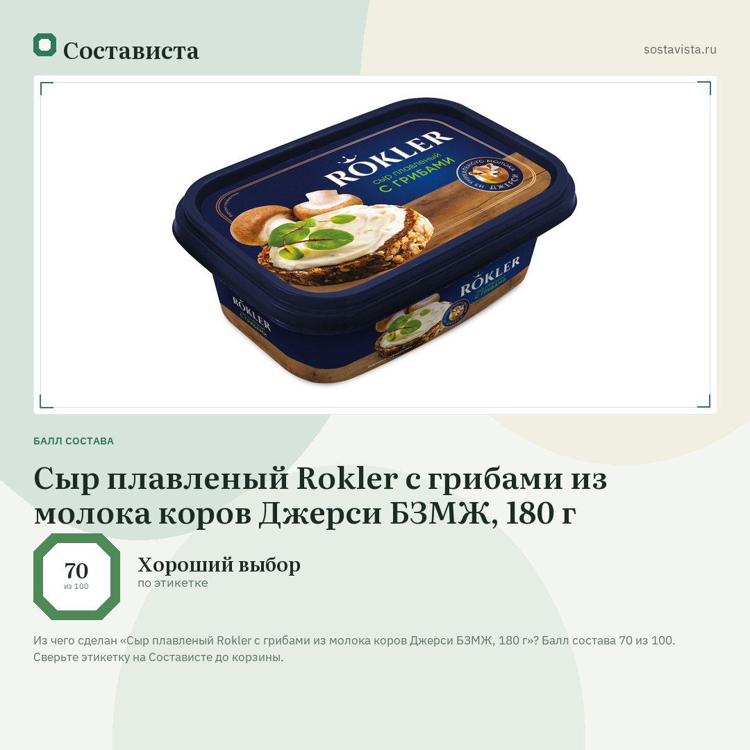 Сыр плавленый Rokler с грибами из молока коров Джерси БЗМЖ, 180 г: балл состава 70 из 100 — Состависта