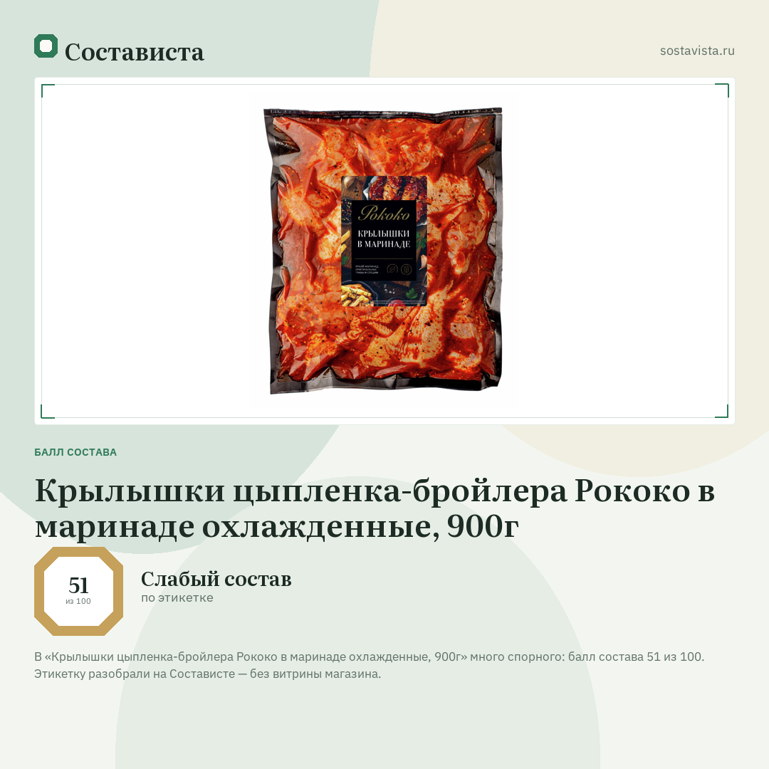 Крылышки цыпленка-бройлера Рококо в маринаде охлажденные, 900г: балл состава 51 из 100 — Состависта