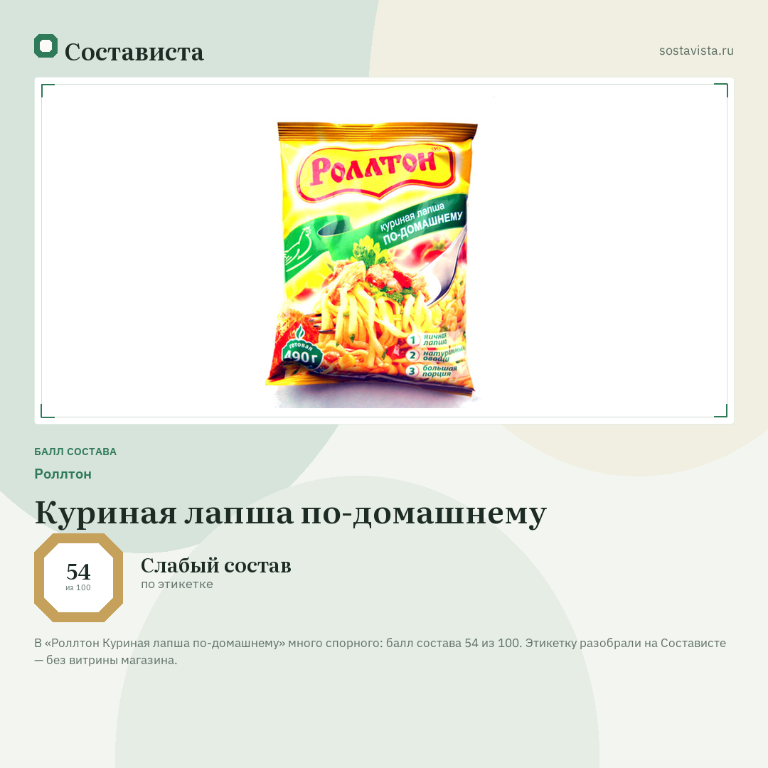Роллтон Куриная лапша по-домашнему: балл состава 54 из 100 — Состависта