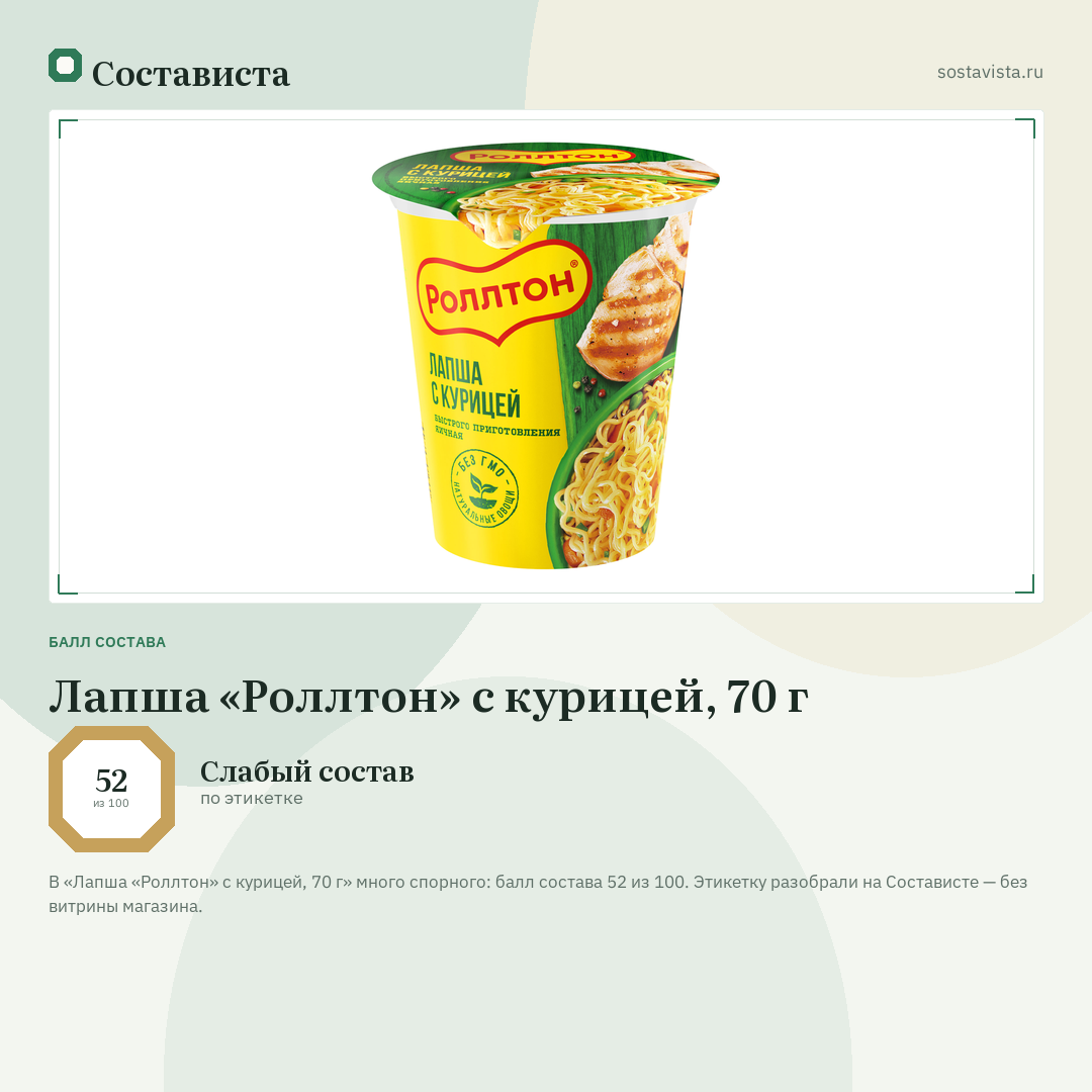 Лапша «Роллтон» с курицей, 70 г: балл состава 52 из 100 — Состависта