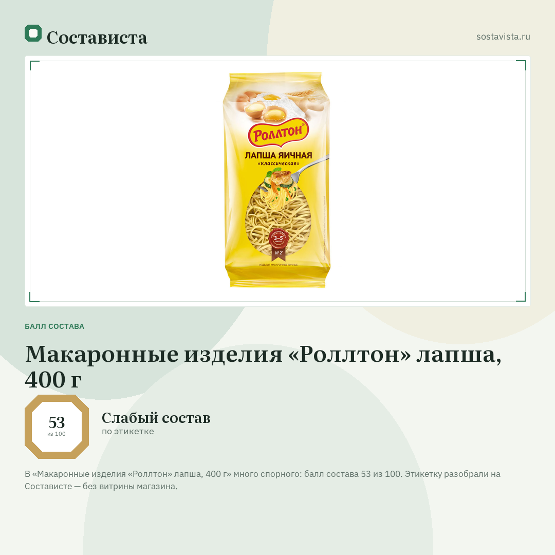 Макаронные изделия «Роллтон» лапша, 400 г: балл состава 53 из 100 — Состависта