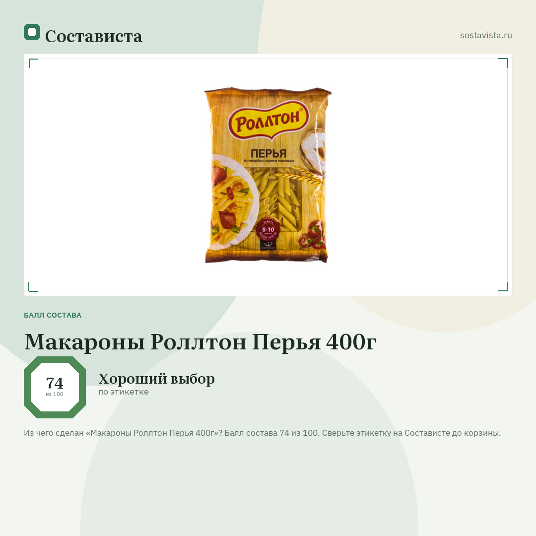 Макароны Роллтон Перья 400г: балл состава 74 из 100 — Состависта