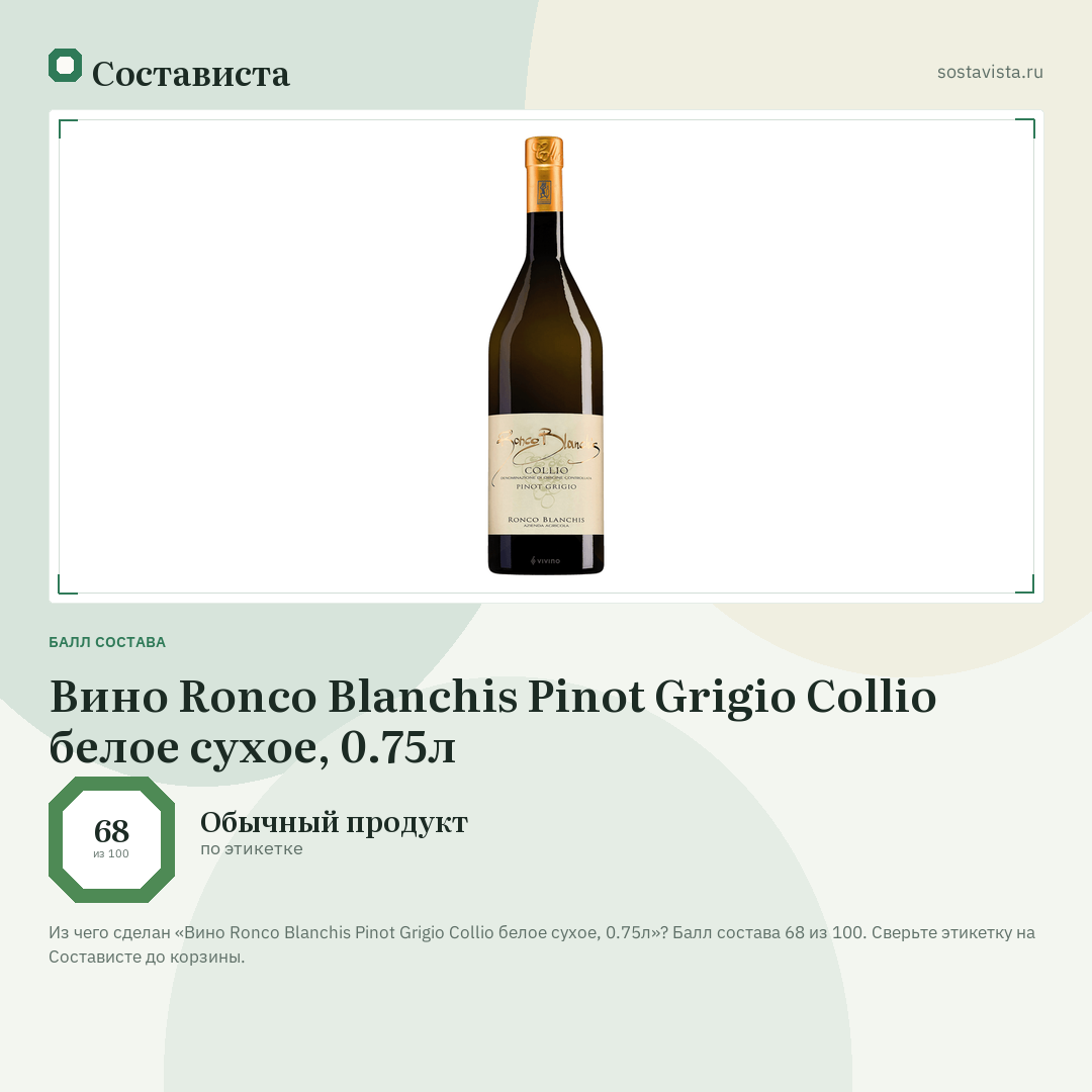 Вино Ronco Blanchis Pinot Grigio Collio белое сухое, 0.75л: балл состава 68 из 100 — Состависта