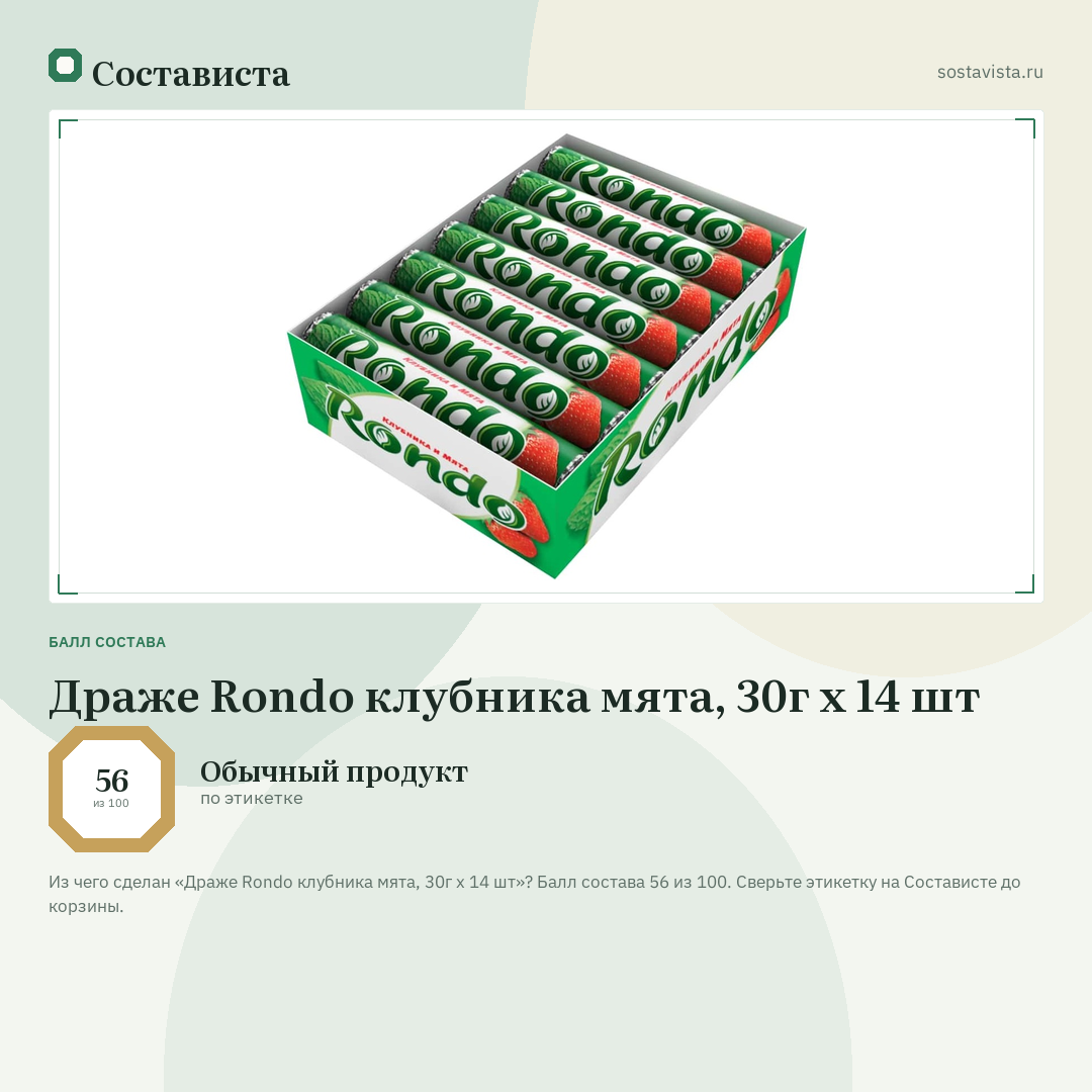 Драже Rondo клубника мята, 30г x 14 шт: балл состава 56 из 100 — Состависта