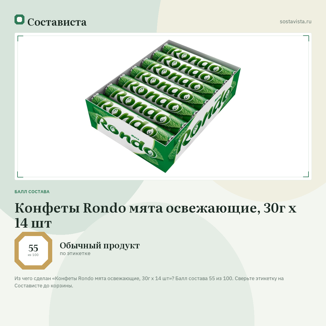 Конфеты Rondo мята освежающие, 30г x 14 шт: балл состава 55 из 100 — Состависта