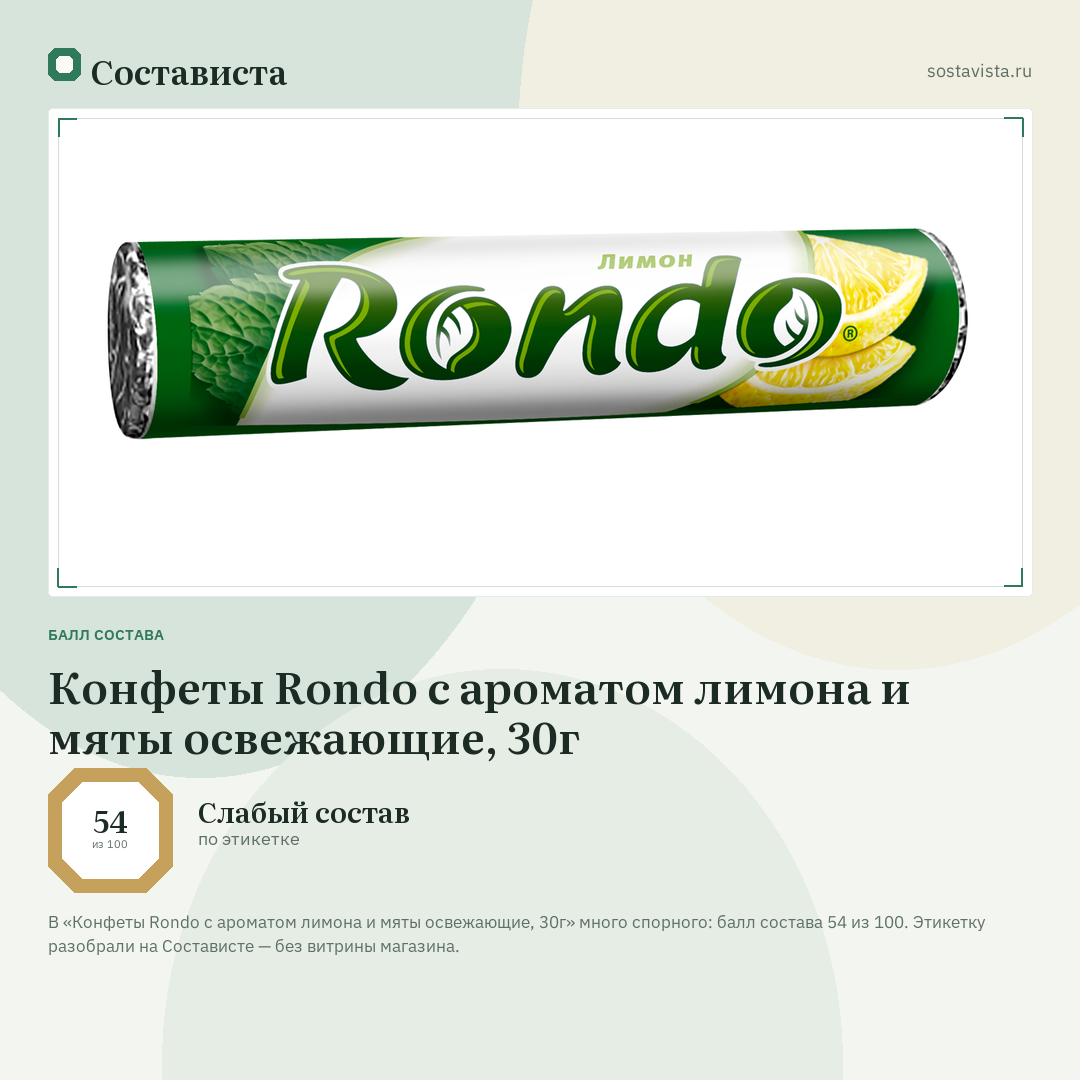 Конфеты Rondo с ароматом лимона и мяты освежающие, 30г: балл состава 54 из 100 — Состависта