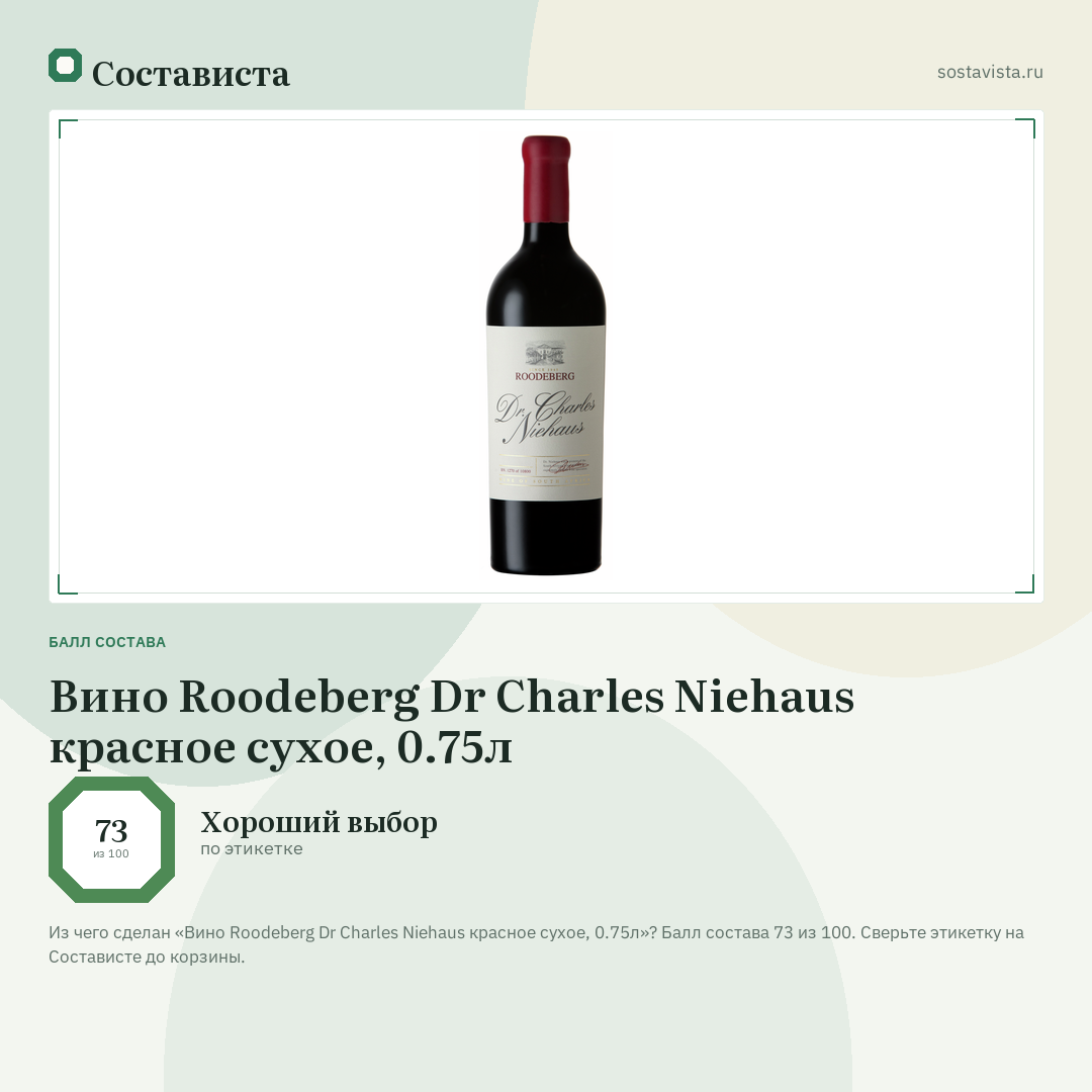 Вино Roodeberg Dr Charles Niehaus красное сухое, 0.75л: балл состава 73 из 100 — Состависта